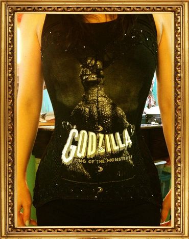 Faster Pussycat with teeshirt overlay, lace trim and hip details and rhinestones 