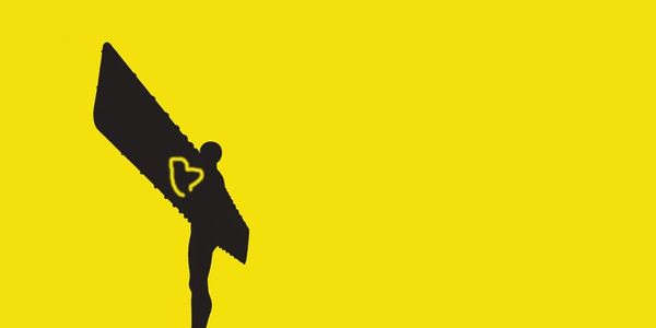 Silhouette of a person holding a large saw against a bright yellow background.