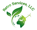Logo of Retro Services LLC with green leaves and a globe.