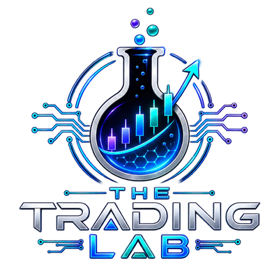 Logo of The Trading Lab with a futuristic lab flask and stock chart.