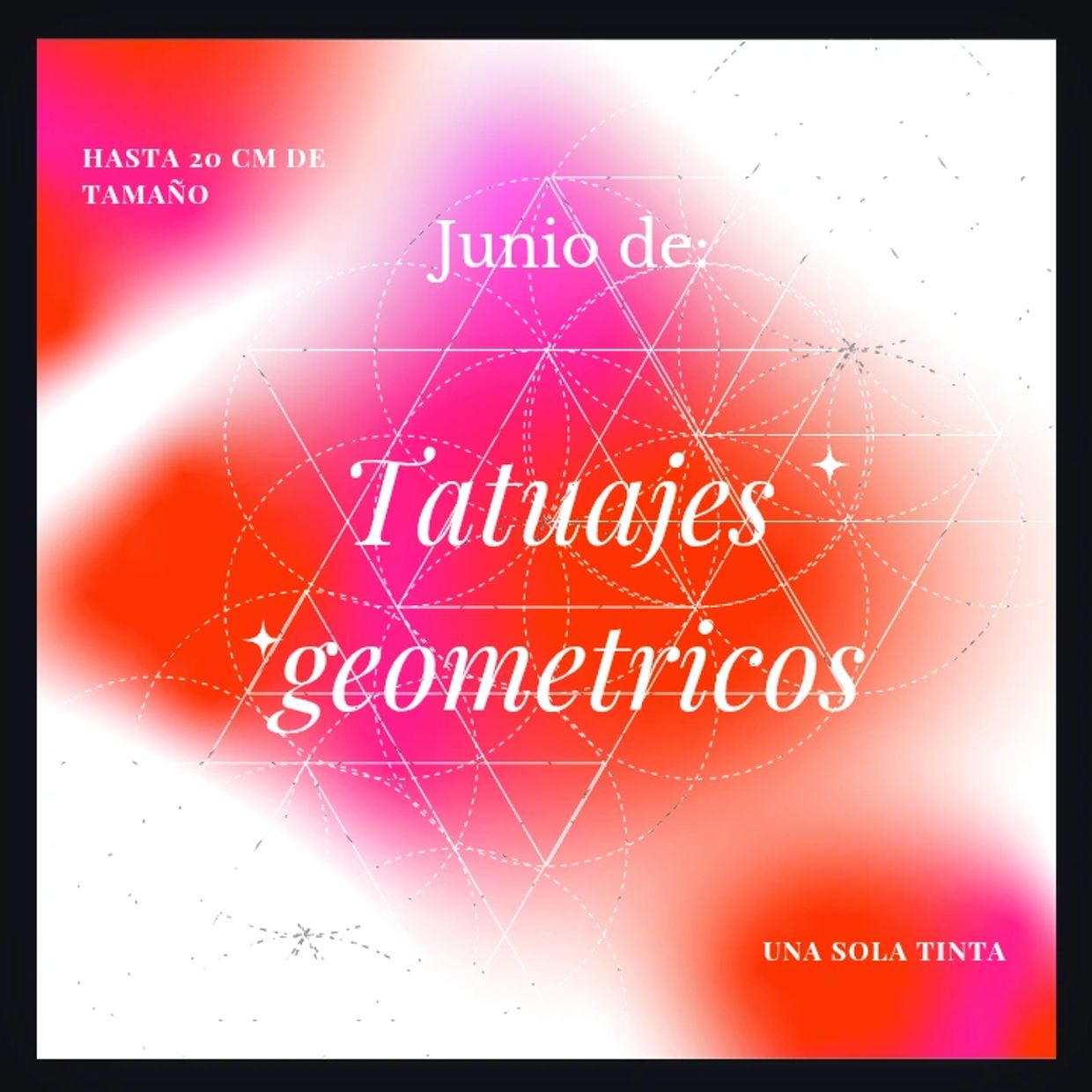 Anuncio de tatuajes geométricos en junio, tamaño hasta 20 cm, una sola tinta.