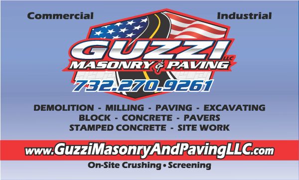 Guzzi Masonry &amp; Paving business logo with services and contact info.