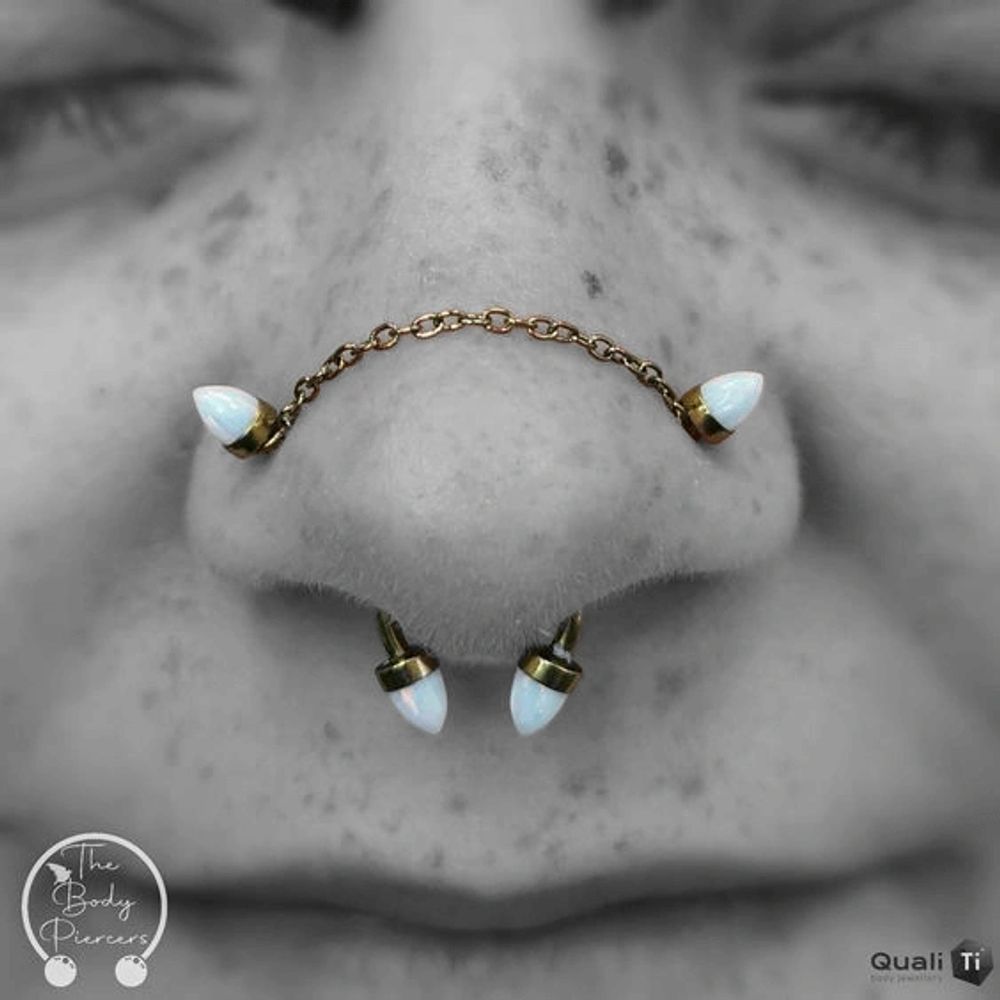 Black and white photo nose piercings anodised gold in colour opal attachments