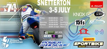 Motorcycle racing event at Snetterton, July 3-5.