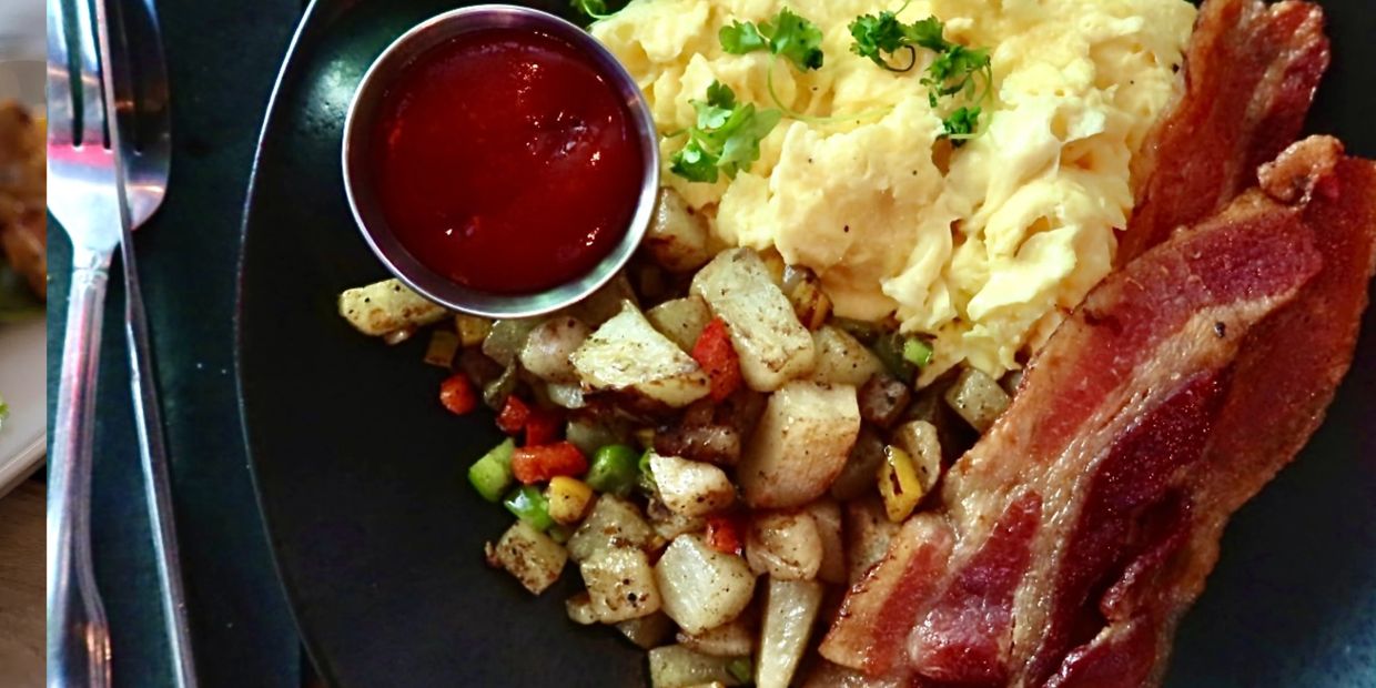 Applewood Bacon, Scrambled Eggs and roasted potatoes 