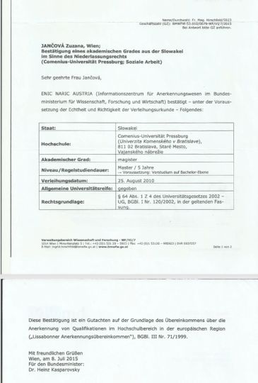 Bestätigung eines akademischen Grades aus der Slowakei für Zuzana Jančová.