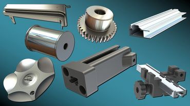 3D render of various mechanical parts on a blue background.