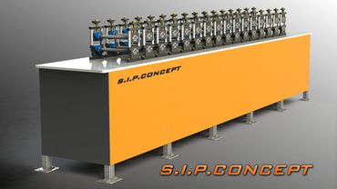 Large industrial machine labeled S.I.P.CONCEPT with multiple roller mechanisms.