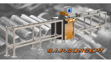 Industrial machine with conveyor system and computer interface labeled S.I.P.CONCEPT.