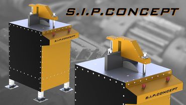 Two views of a sturdy S.I.P. Concept cutting machine with safety features.