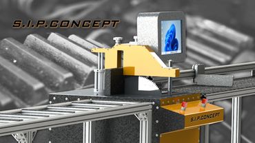 Industrial cutting machine concept with integrated computer interface.