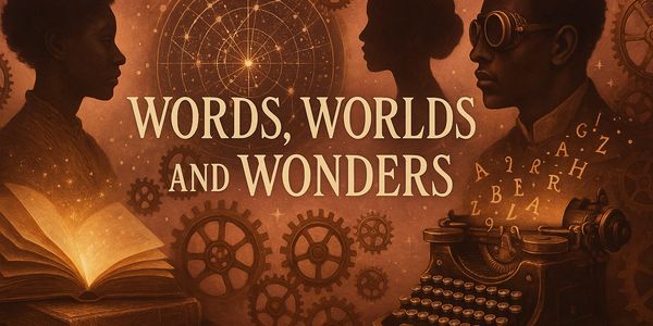 Afro-Steampunk motif with gears, an open book, and antique typewriter, 