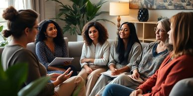 A group of women engaged in a supportive group discussion.