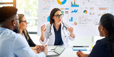 Doctor discussing medical data with colleagues in a meeting room.