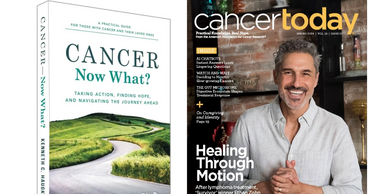 Book and magazine cover about cancer guidance and treatment.