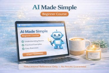 Laptop displaying an AI beginner course with coffee and a lit candle beside it.
