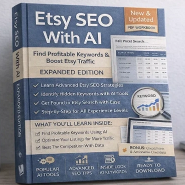 Book titled 'Etsy SEO With AI' for boosting Etsy traffic using AI tools.
