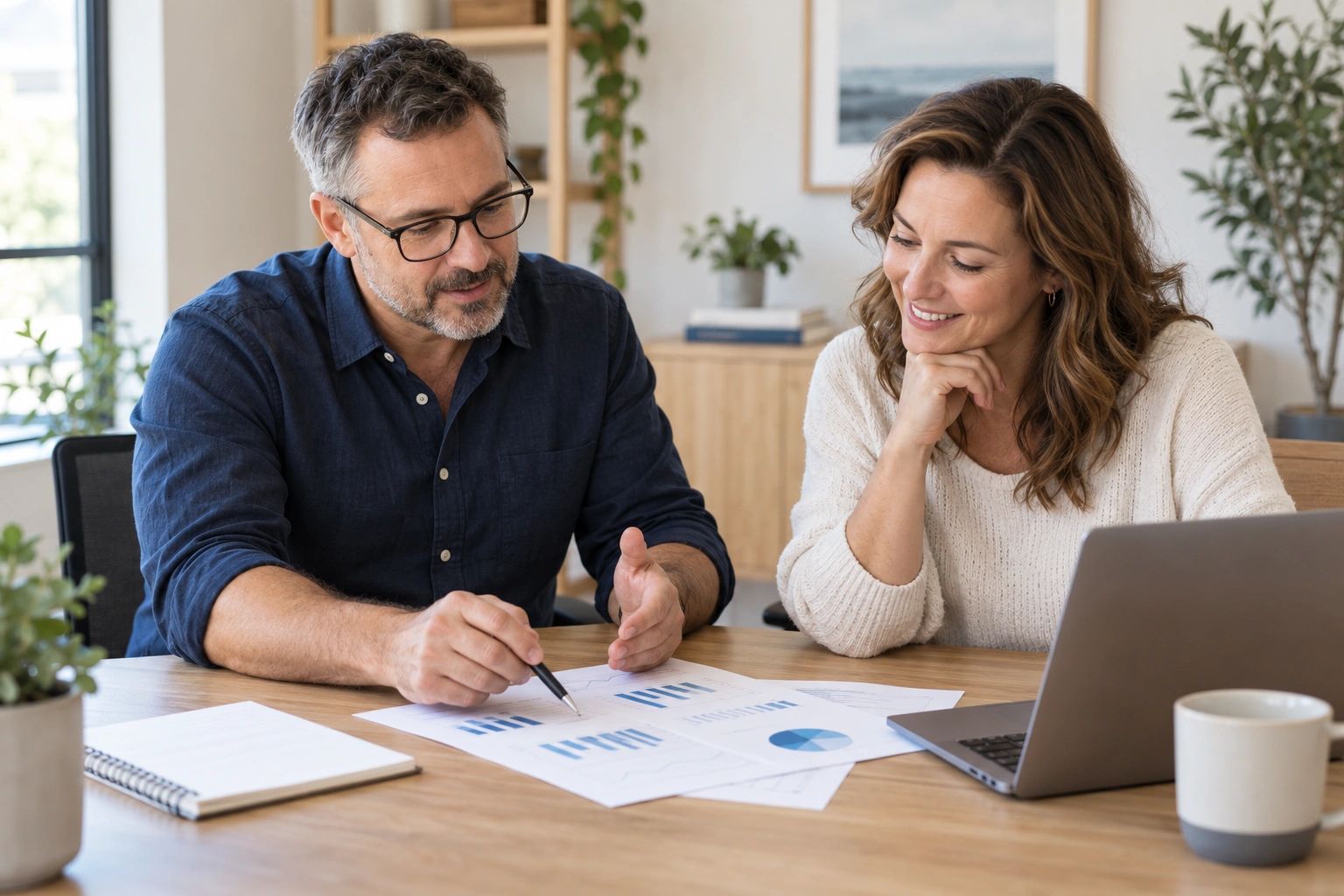 Two colleagues discussing charts and graphs at a desk.