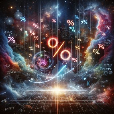 Percentages and maths blending into an AI image of the wider cosmos