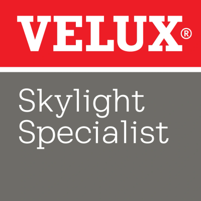 Logo of VELUX Skylight Specialist with a red and gray background.