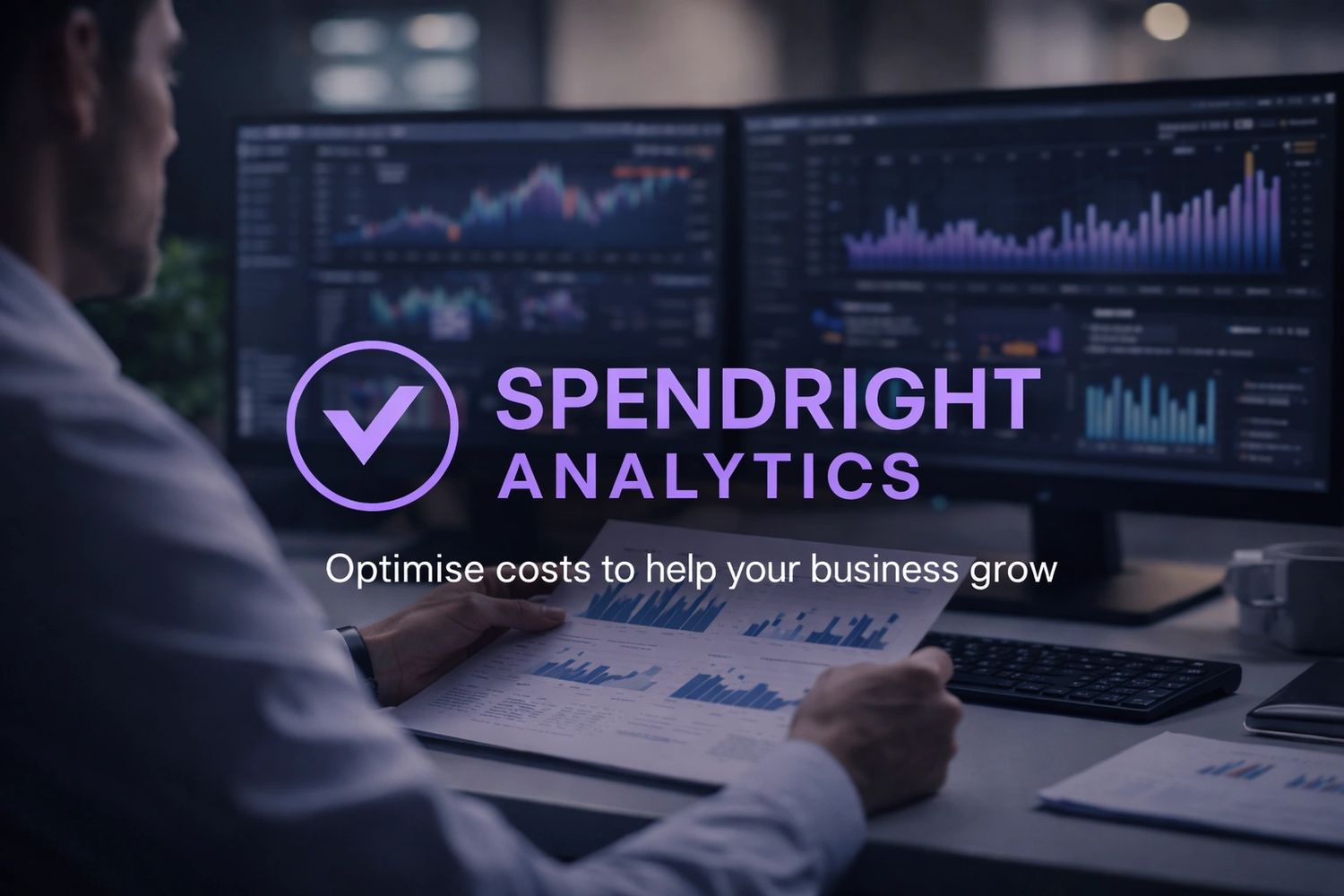 Person analyzing financial graphs on computer screens and papers with Spendright Analytics logo.