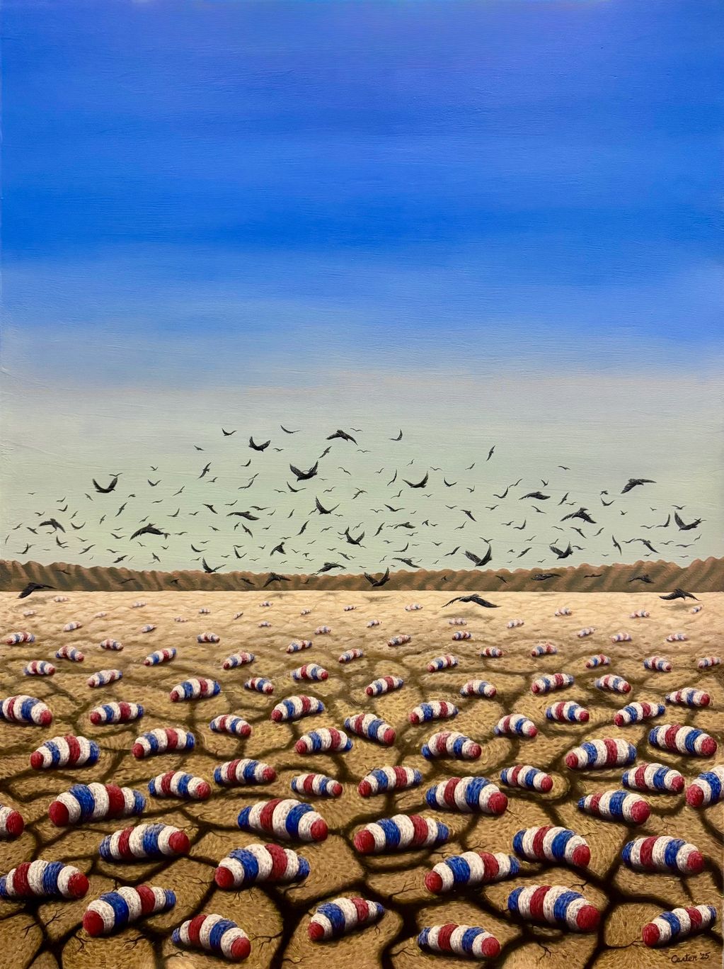Birds swarming and feeding on American Maggots crawling about on barren desert floor under blue sky.