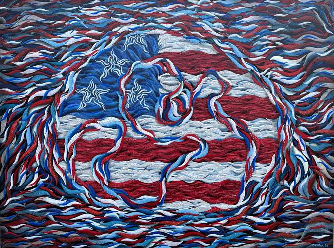 America unraveling, oil on canvas, flowing thread-like elements in red white blue