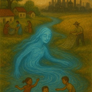 A blue spirit flows as a river through a village with children and workers.