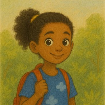 Smiling child with curly hair and backpack outdoors.