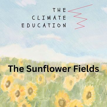 Illustration of a sunflower field under a blue sky titled 'The Climate Education'.