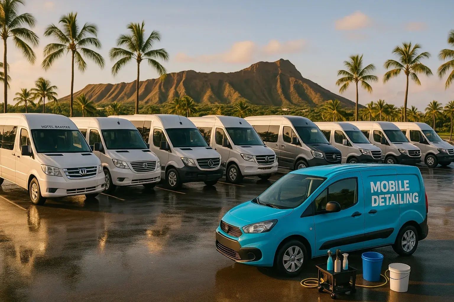 A blue mobile detailing van cleaning white vans with a mountain and palm trees in the background.