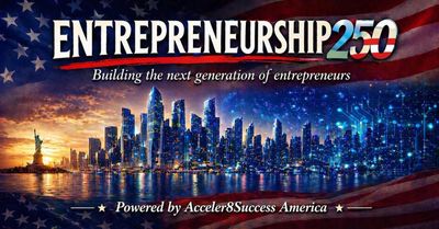 Entrepreneurship 250 promoting future business leaders with a US city skyline and flag.