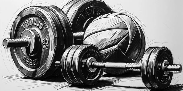 Black and white sketch of dumbbells and a medicine ball.