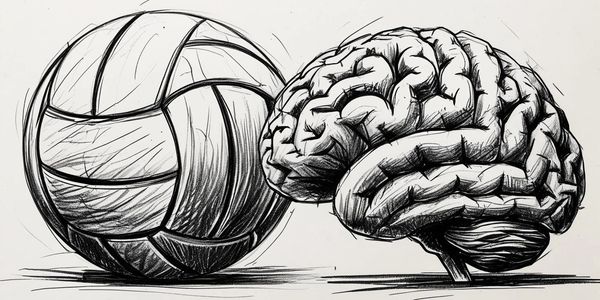 Black and white sketch of a volleyball next to a human brain.