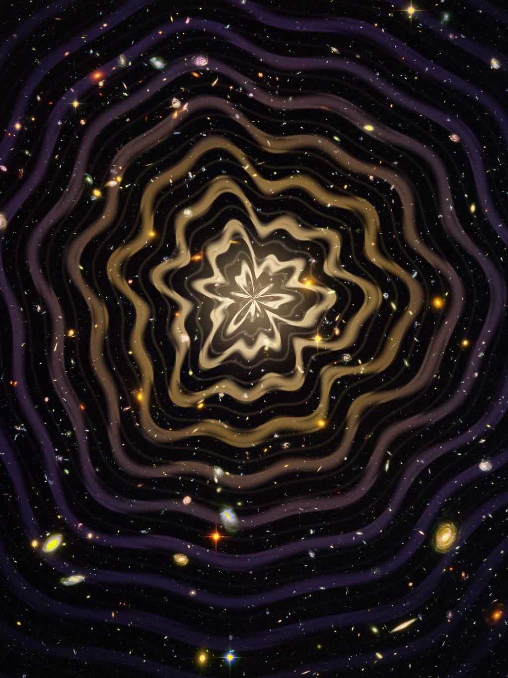 A cosmic spiral with wavy rings surrounded by stars and galaxies.