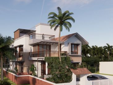 Modern two-story house with balconies, surrounded by palm trees and a gated garden.