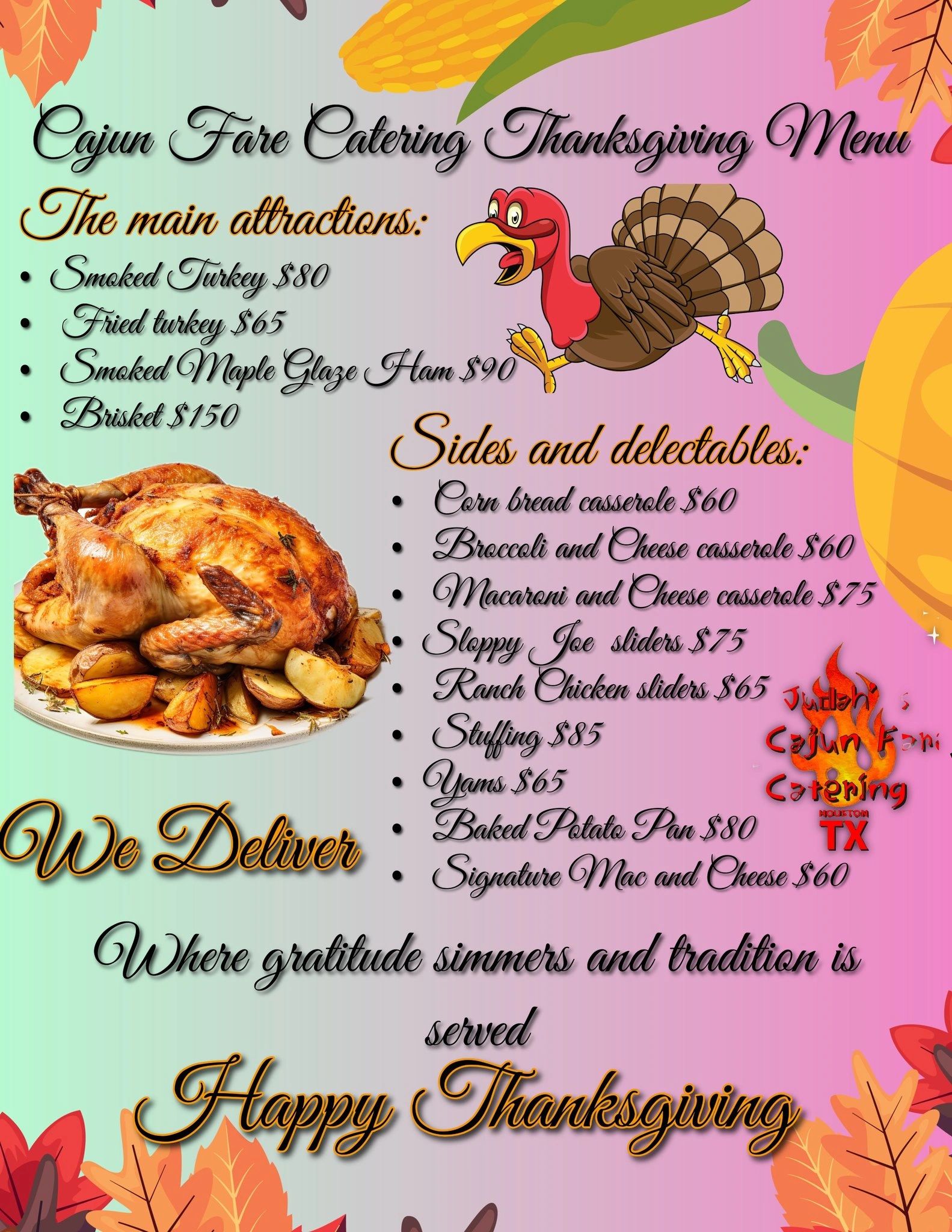 Cajun Fare Catering Thanksgiving menu featuring turkey, ham, sides, and delivery service.