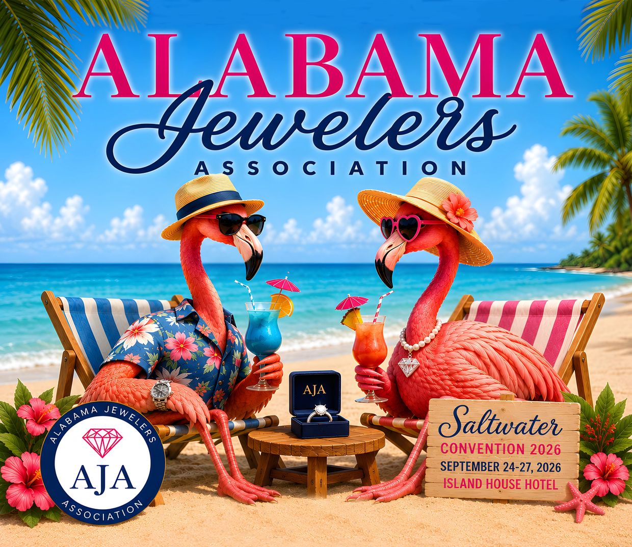 Two flamingos at a beach promoting Alabama Jewelers Association convention.