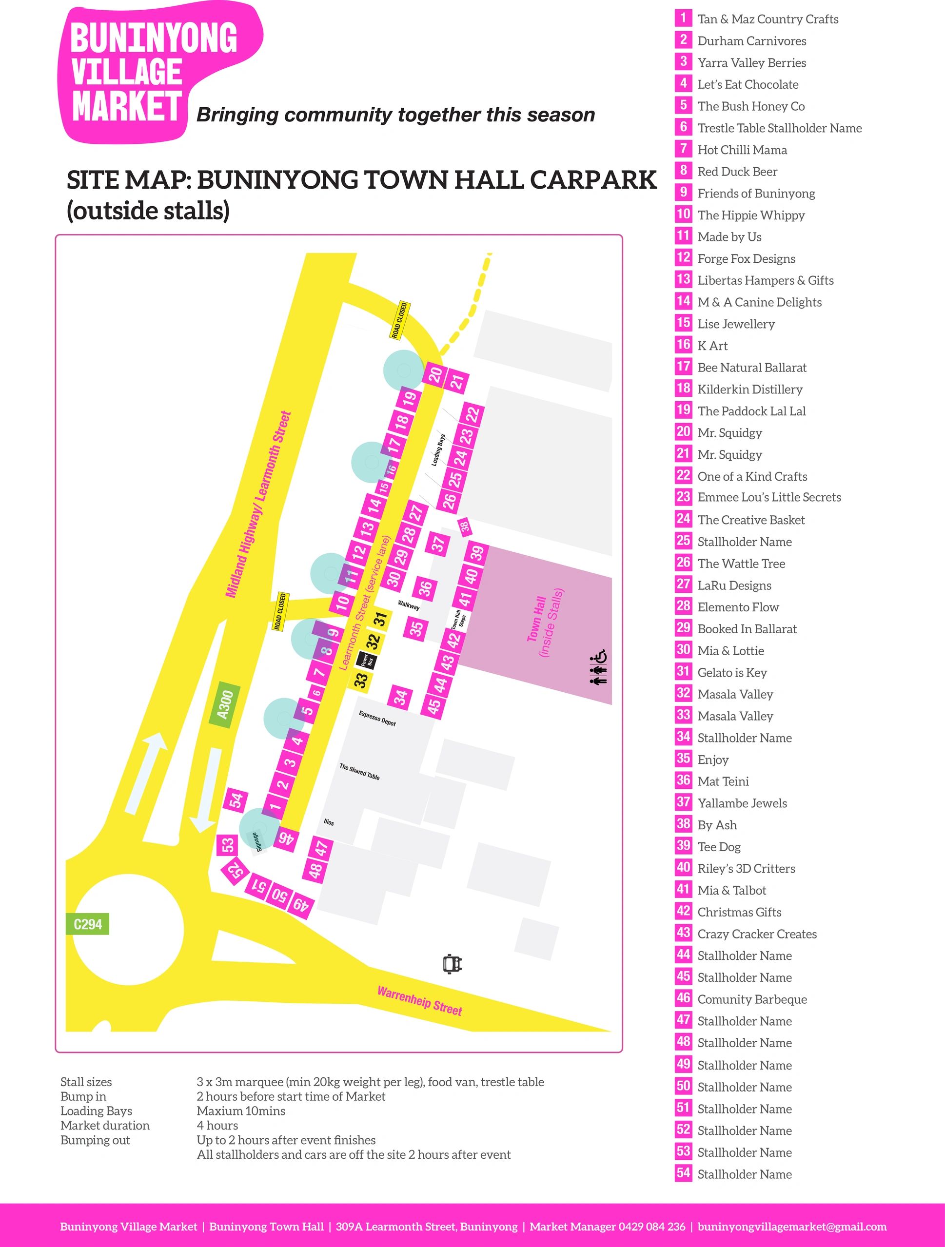 Buninyong Village Market site map showing stall locations outside the town hall carpark.