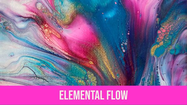 Abstract colorful fluid art titled 'Elemental Flow'.