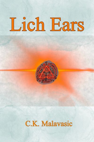 Center of image featuring a glowing red stone etched with glyphs. Grey background. Title: Lich Ears