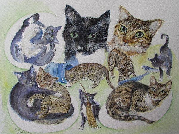 Watercolor painting of multiple cats in various poses and activities.