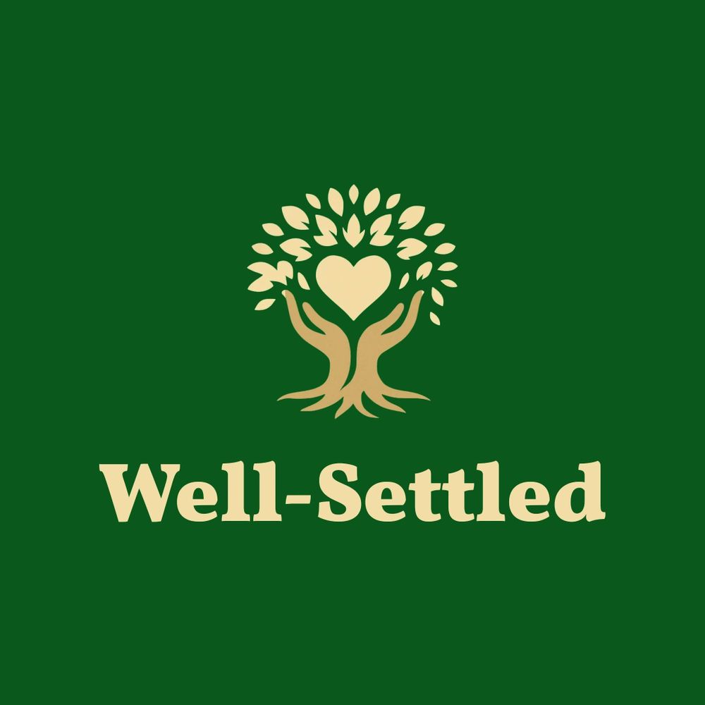 Logo of Well-Settled with hands forming a tree and heart.