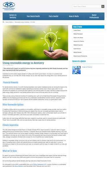 Dr Jasper Lee's Australian Dental Association article on using renewable energy in dentistry