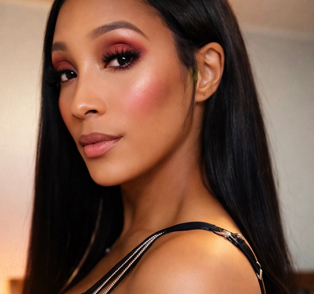 Close-up of a woman with flawless makeup and long black hair.