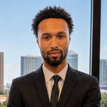 Confident man in a black suit and tie standing indoors with city buildings in the background.