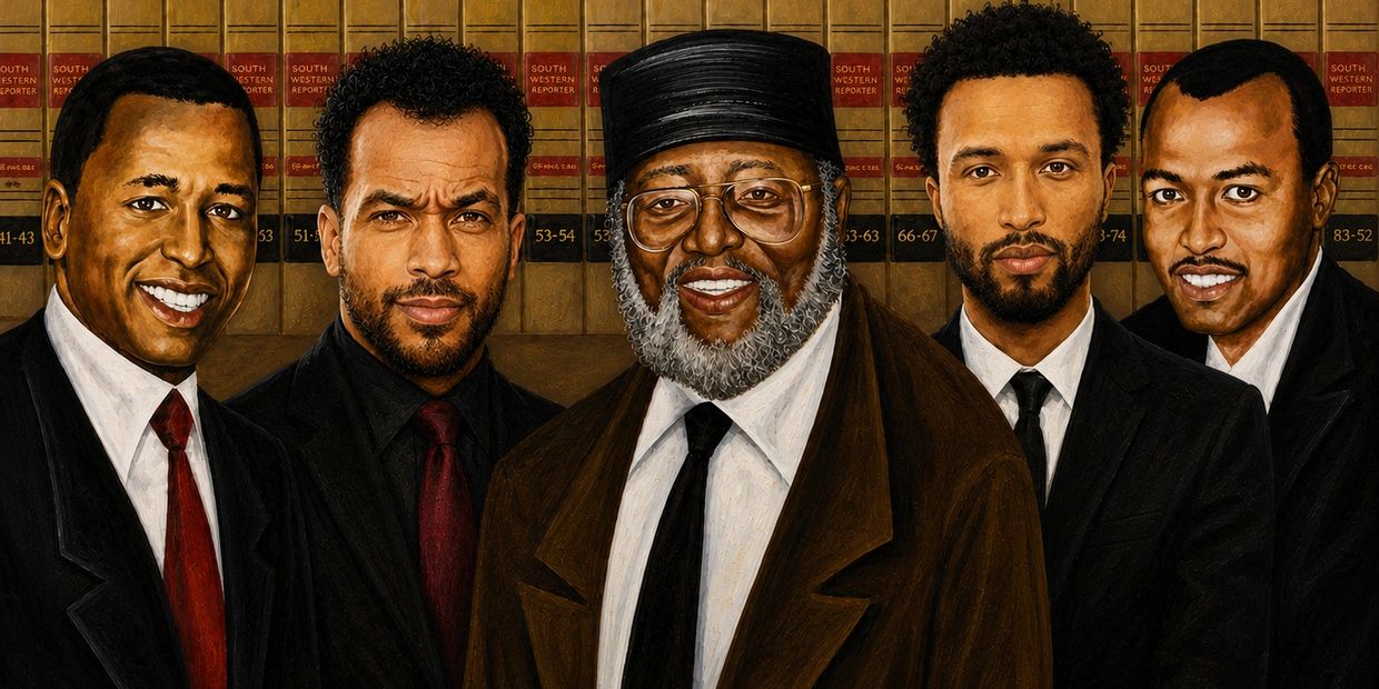 Portrait of five distinguished men in suits and ties with a background of legal books.