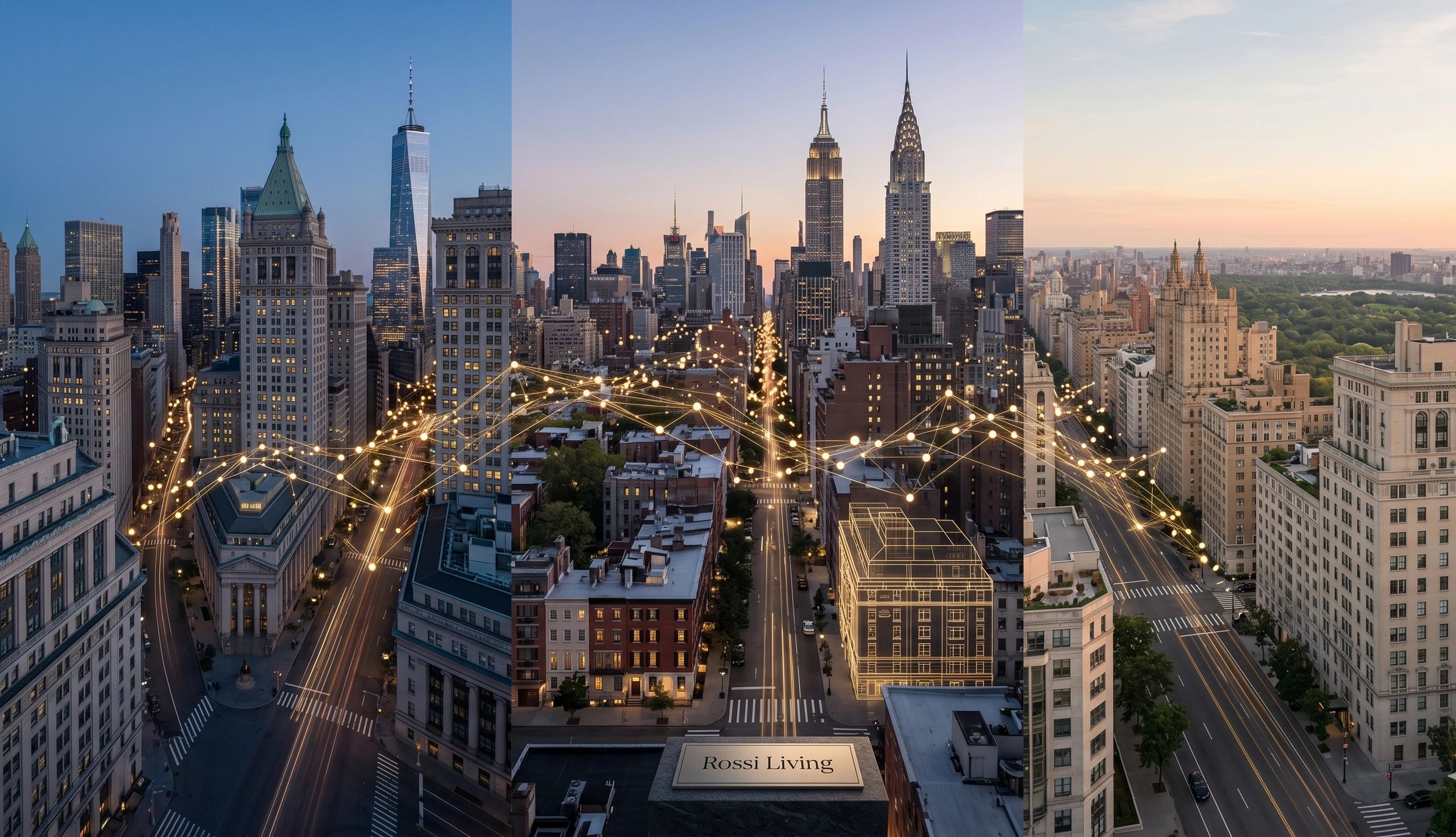 New York City skyline at dusk with digital network connections overlay.