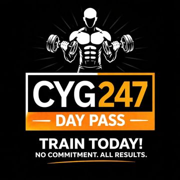 Fitness logo promoting CYG247 day pass for training with no commitment.