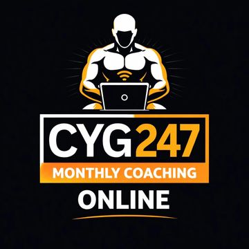 Logo for CYG247 online monthly coaching program with a muscular figure and laptop.